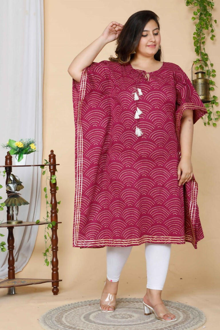 Miravan Women's Plus Size Magenta Bandhani Printed Cotton Kaftan Kurta