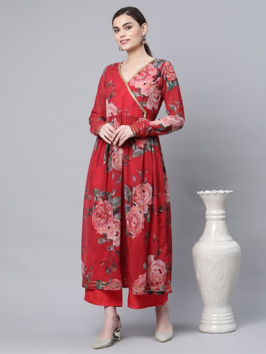 Ahalyaa Women Red Georgette Digital Floral Printed Kurta Palazzo Set - Grab2buy