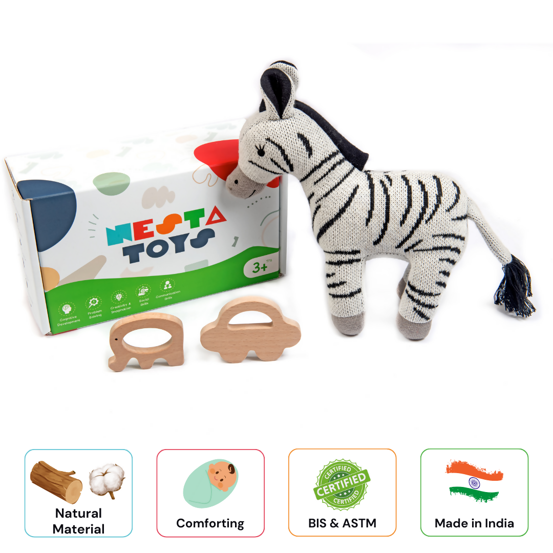Nesta Toys Newborn Gift Set - Zebra Plush Toy, Wooden Elephant & Car Teether
