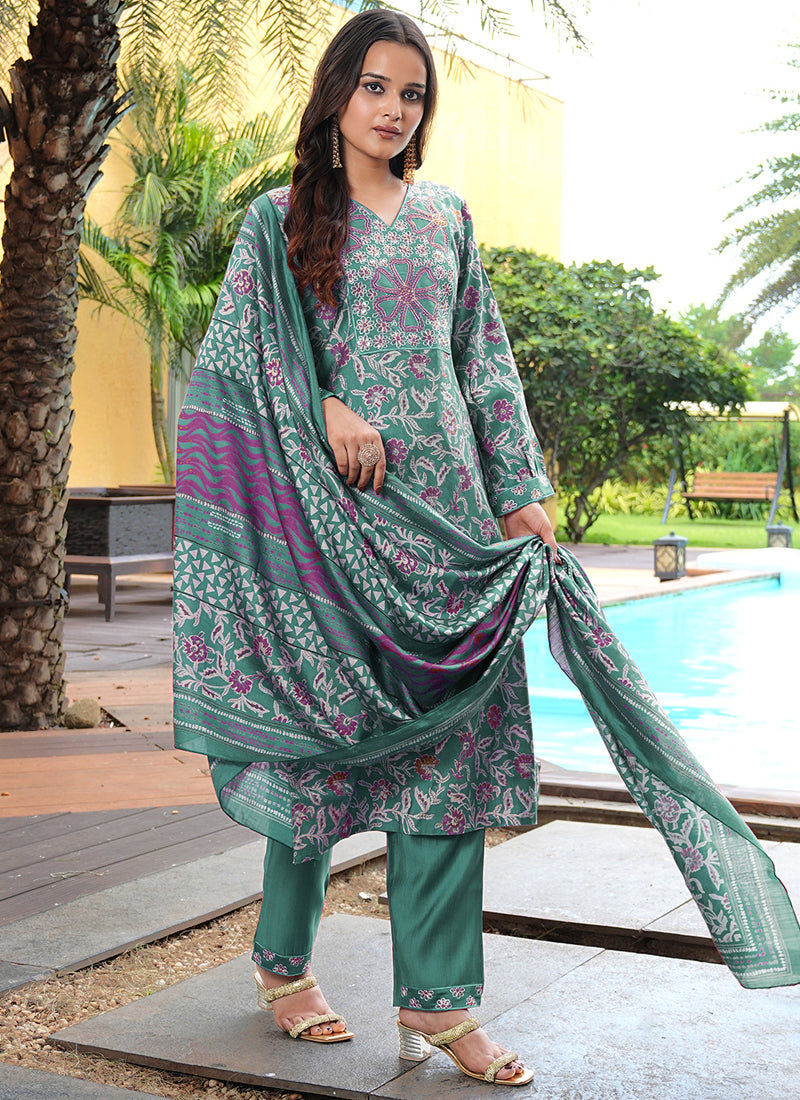 Prazu Fashion Teal Green Cotton Silk Floral Printed Thread Sequence Salwar Suit