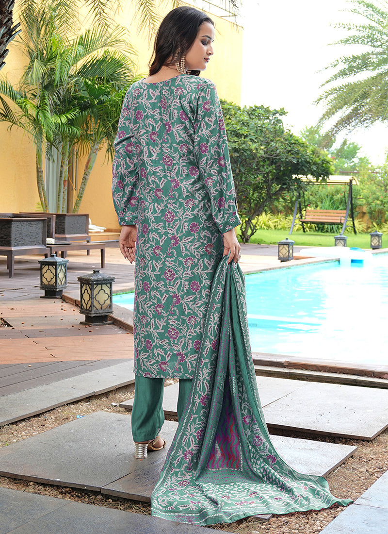 Prazu Fashion Teal Green Cotton Silk Floral Printed Thread Sequence Salwar Suit