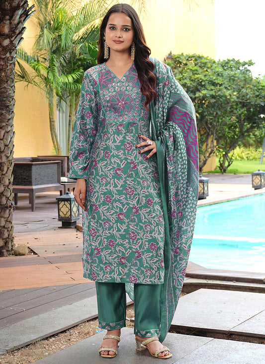 Prazu Fashion Teal Green Cotton Silk Floral Printed Thread Sequence Salwar Suit
