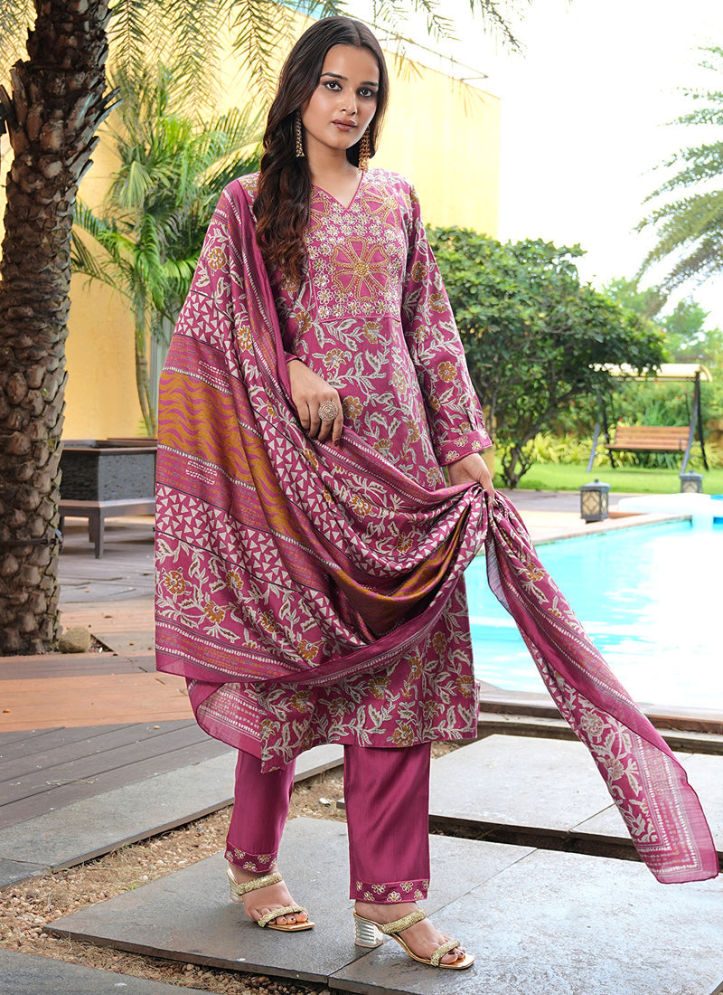 Prazu Fashion Maroon Cotton Silk Floral Printed Thread Sequence Salwar Suit