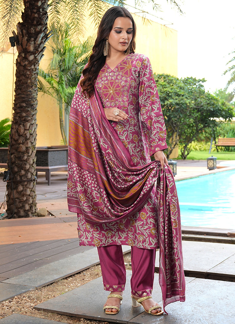 Prazu Fashion Maroon Cotton Silk Floral Printed Thread Sequence Salwar Suit