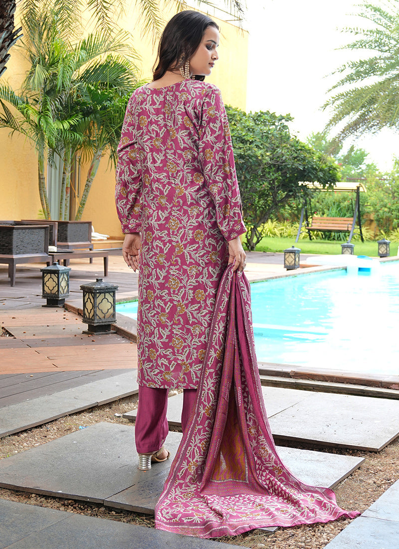 Prazu Fashion Maroon Cotton Silk Floral Printed Thread Sequence Salwar Suit