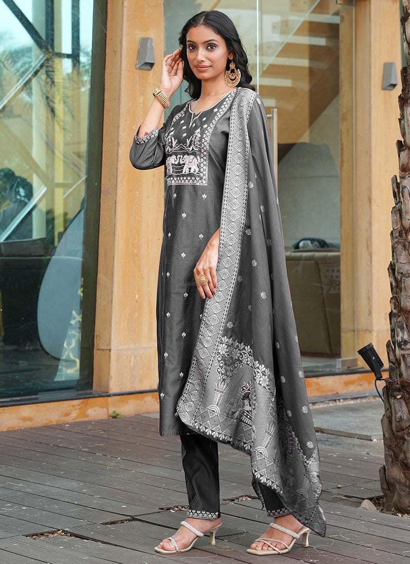 Prazu Fashion Grey Art Silk Thread Sequins Embroidered Wedding Suit