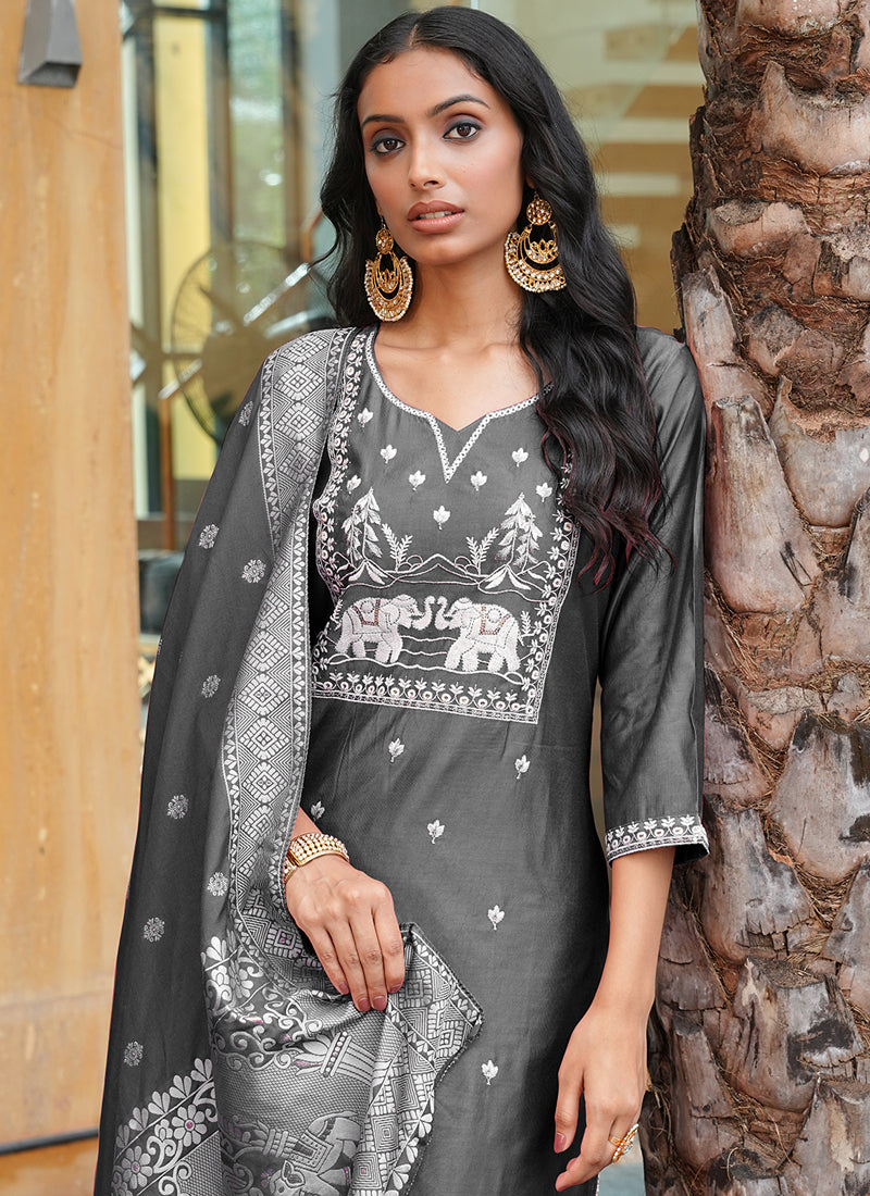 Prazu Fashion Grey Art Silk Thread Sequins Embroidered Wedding Suit