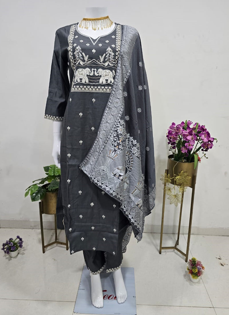 Prazu Fashion Grey Art Silk Thread Sequins Embroidered Wedding Suit