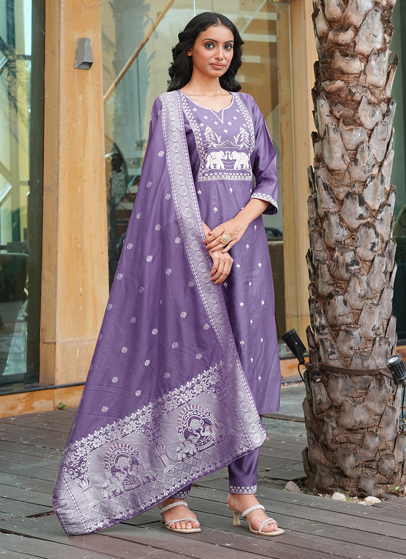 Prazu Fashion Lavender Art Silk Thread Sequins Embroidered Wedding Suit