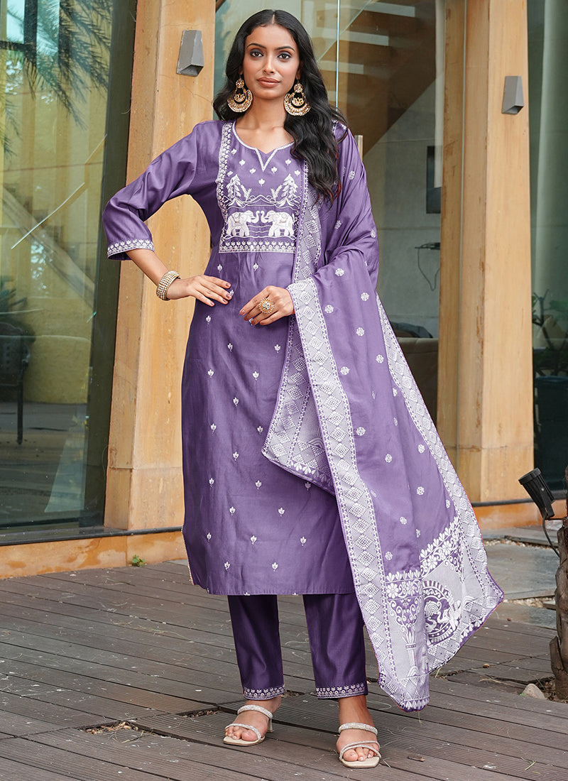 Prazu Fashion Lavender Art Silk Thread Sequins Embroidered Wedding Suit