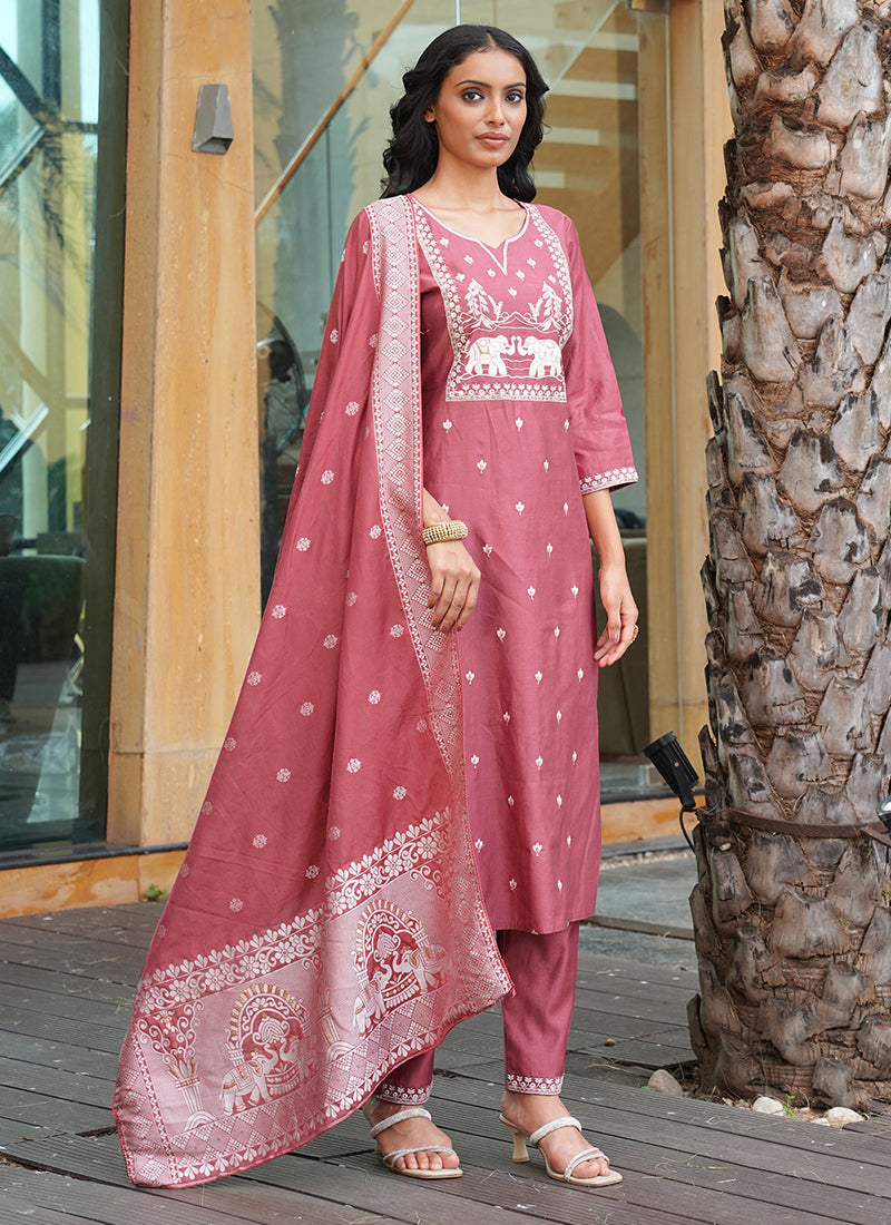 Prazu Fashion Peach Art Silk Thread Sequins Embroidered Wedding Suit