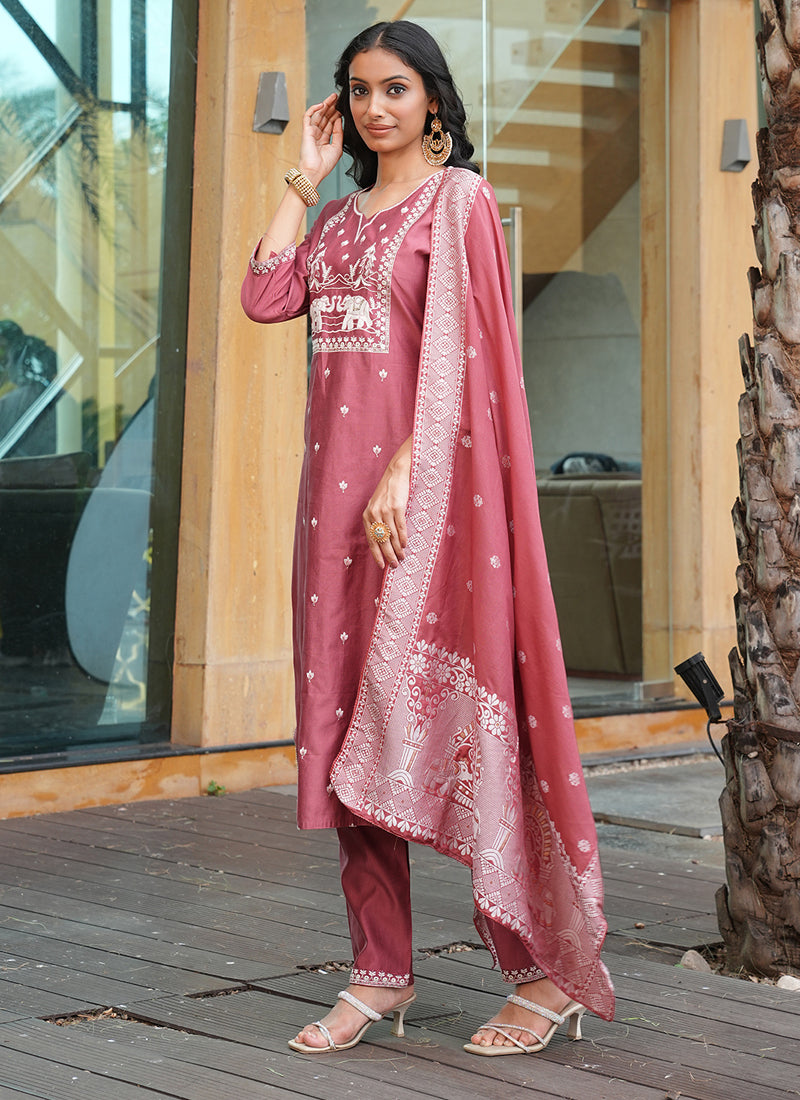 Prazu Fashion Peach Art Silk Thread Sequins Embroidered Wedding Suit