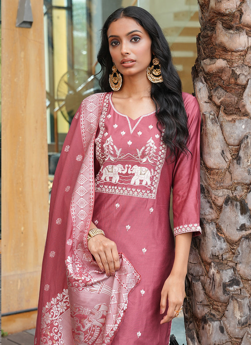 Prazu Fashion Peach Art Silk Thread Sequins Embroidered Wedding Suit