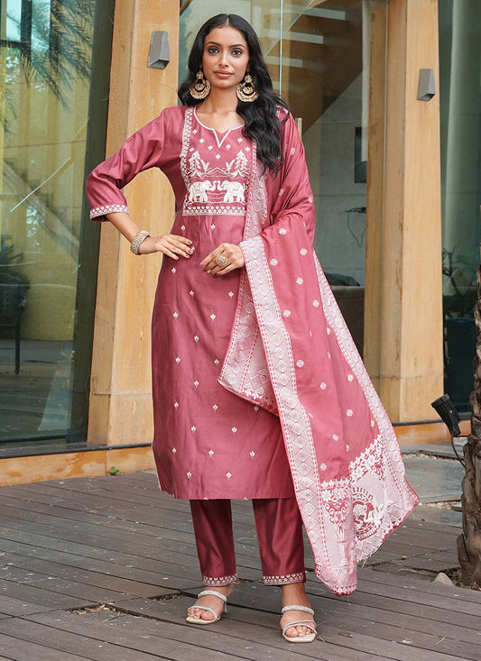 Prazu Fashion Peach Art Silk Thread Sequins Embroidered Wedding Suit