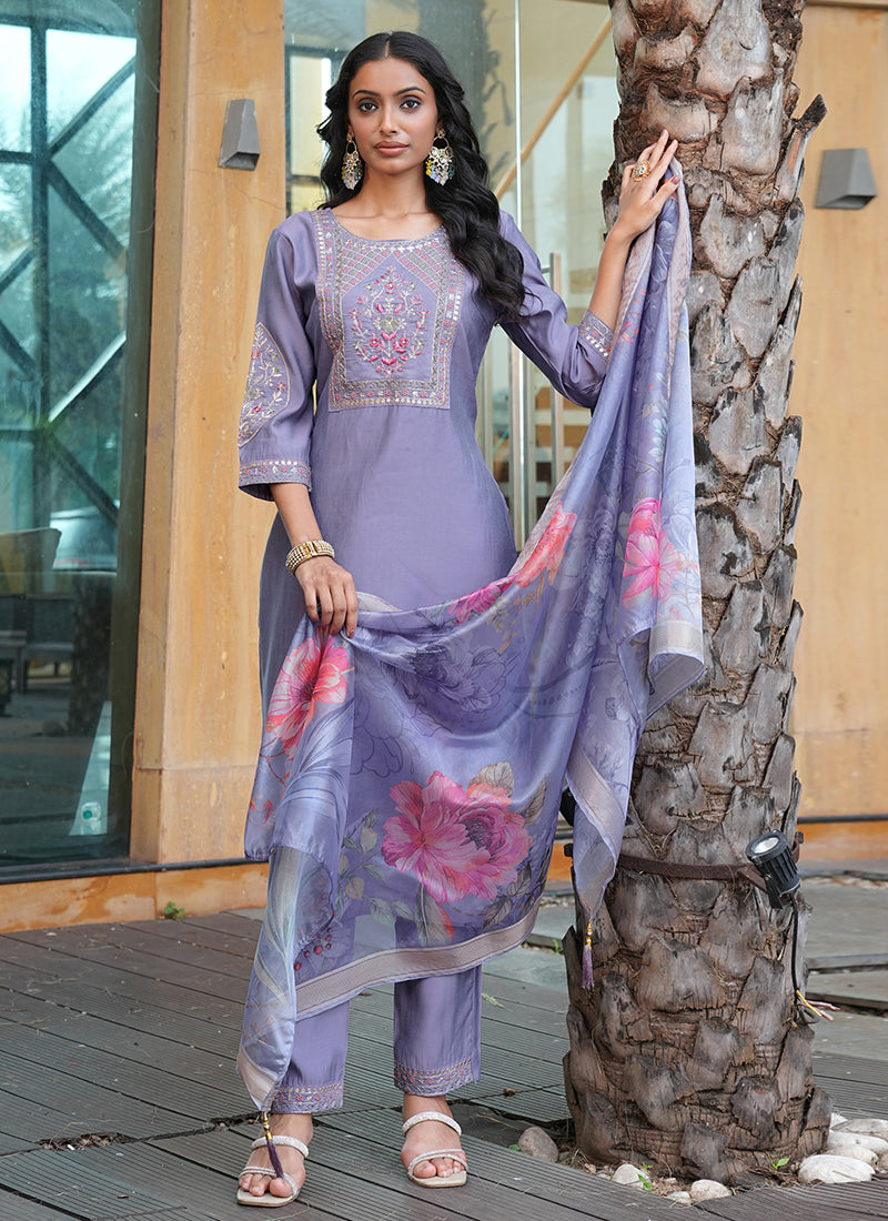 Prazu Fashion Lavender Cotton Silk Thread Sequence Designer Salwar Suit