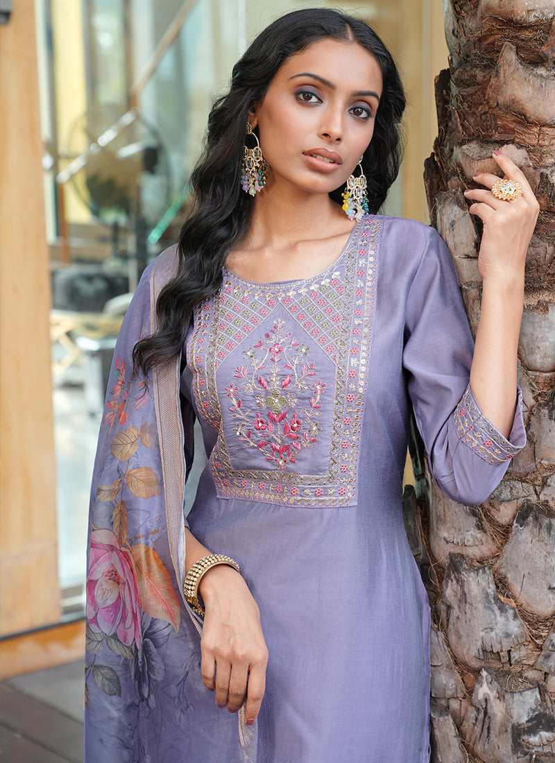 Prazu Fashion Lavender Cotton Silk Thread Sequence Designer Salwar Suit
