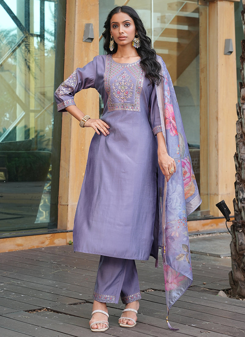 Prazu Fashion Lavender Cotton Silk Thread Sequence Designer Salwar Suit