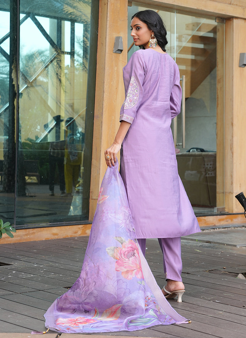 Prazu Fashion Light Purple Cotton Silk Thread Sequence Designer Salwar Suit