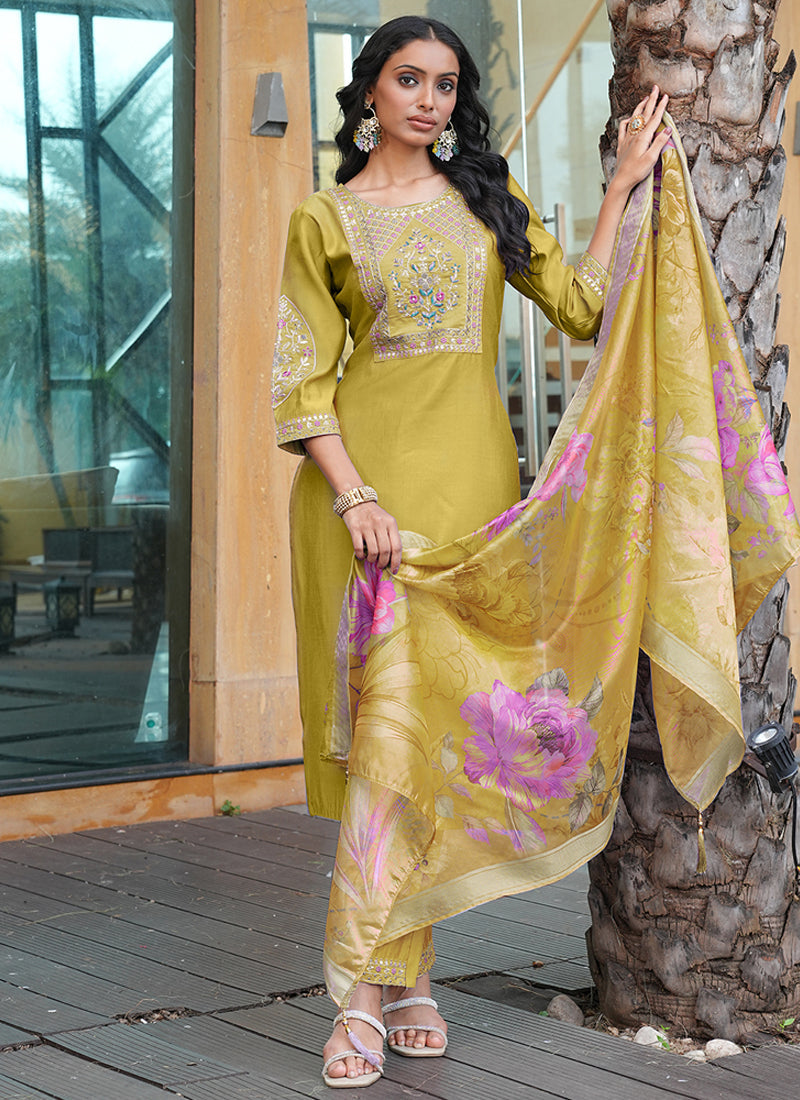 Prazu Fashion Yellow Cotton Silk Thread Sequence Designer Salwar Suit