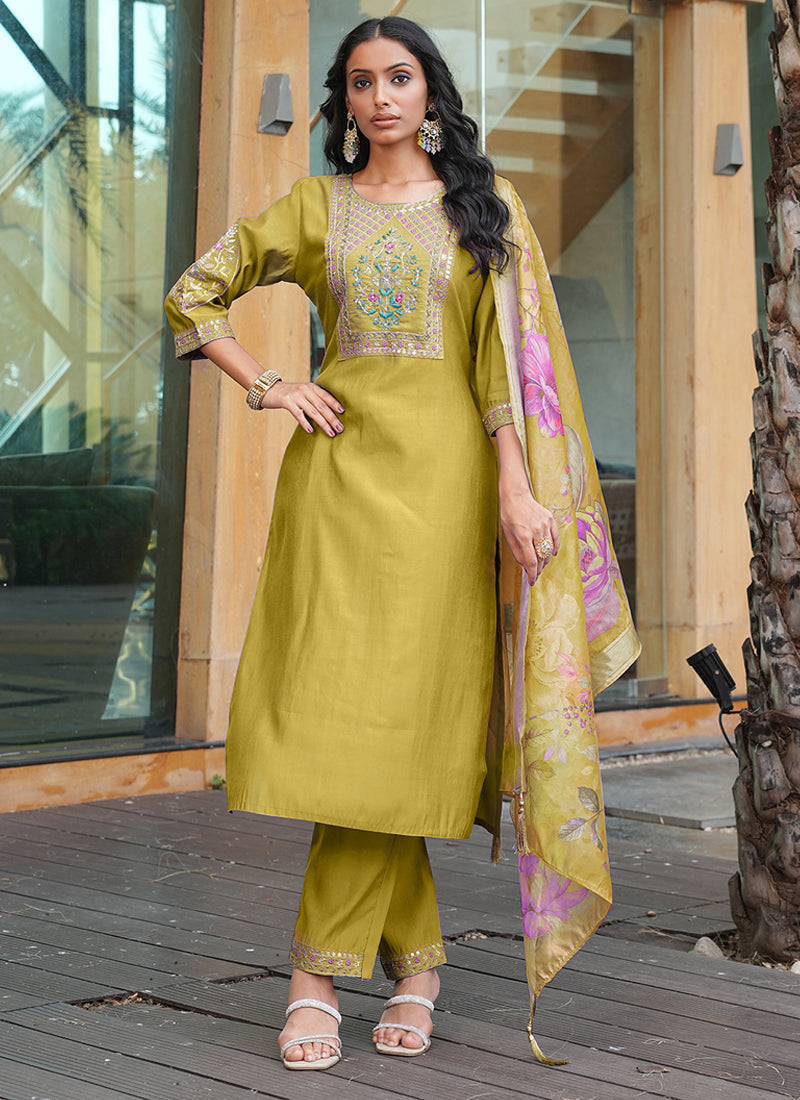 Prazu Fashion Yellow Cotton Silk Thread Sequence Designer Salwar Suit