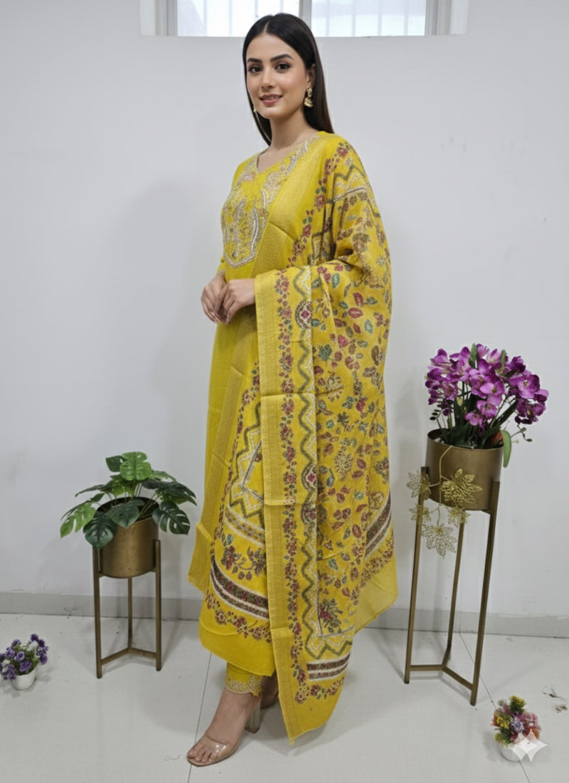 Prazu Fashion Yellow Cotton Silk Thread Sequence Designer Salwar Suit