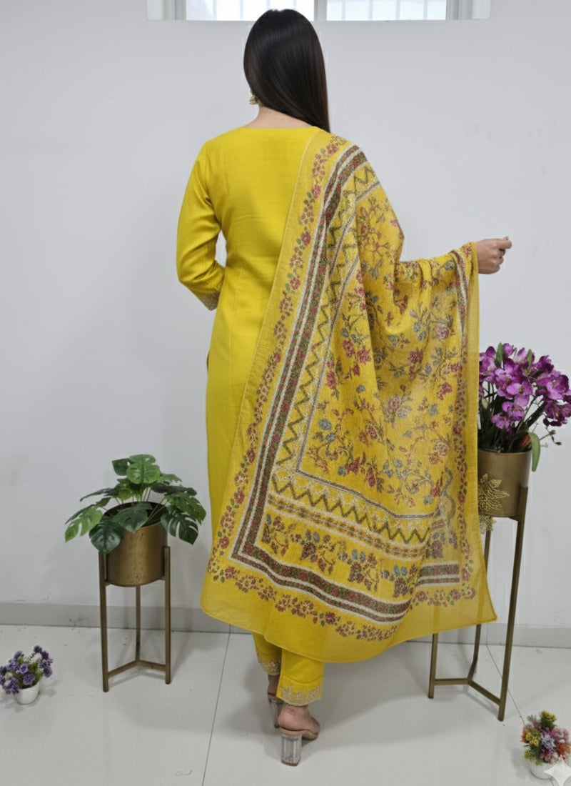 Prazu Fashion Yellow Cotton Silk Thread Sequence Designer Salwar Suit