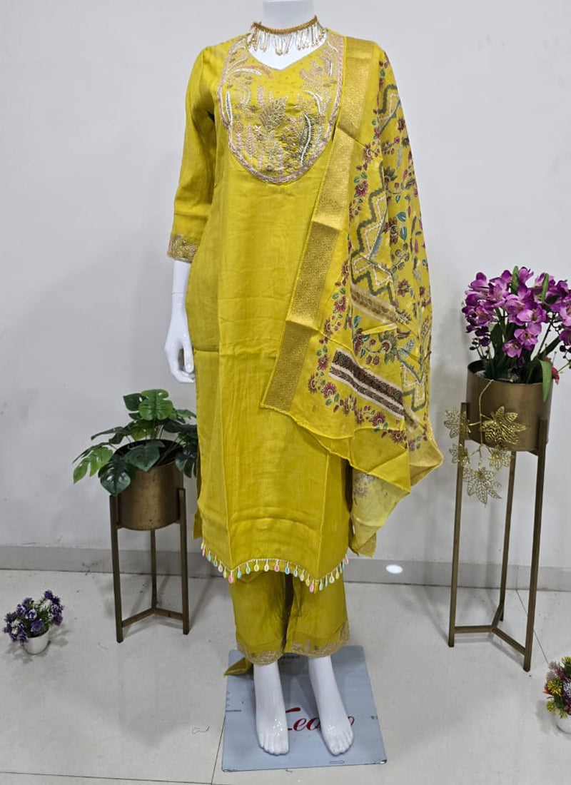 Prazu Fashion Yellow Cotton Silk Thread Sequence Designer Salwar Suit