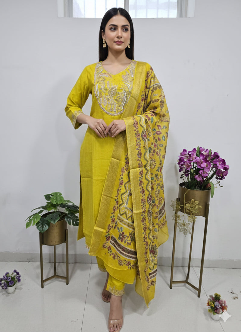 Prazu Fashion Yellow Cotton Silk Thread Sequence Designer Salwar Suit