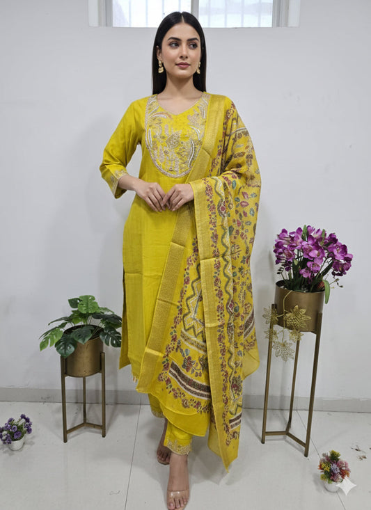 Prazu Fashion Yellow Cotton Silk Thread Sequence Designer Salwar Suit
