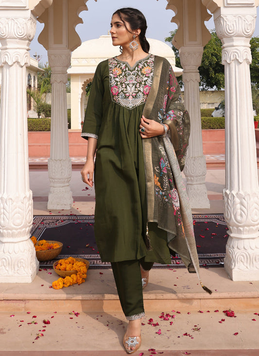 Prazu Fashion Mahendi Cotton Silk Thread Sequence Designer Salwar Suit