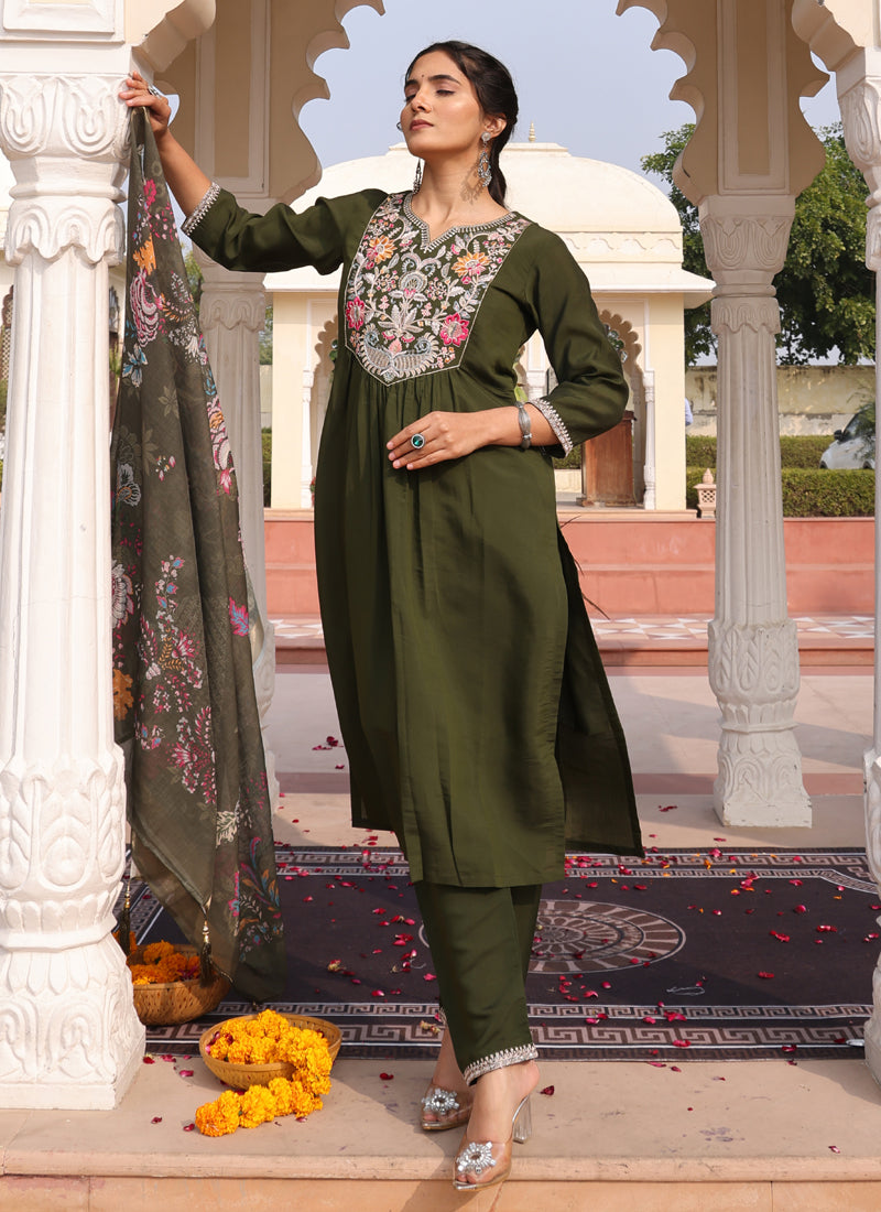 Prazu Fashion Mahendi Cotton Silk Thread Sequence Designer Salwar Suit