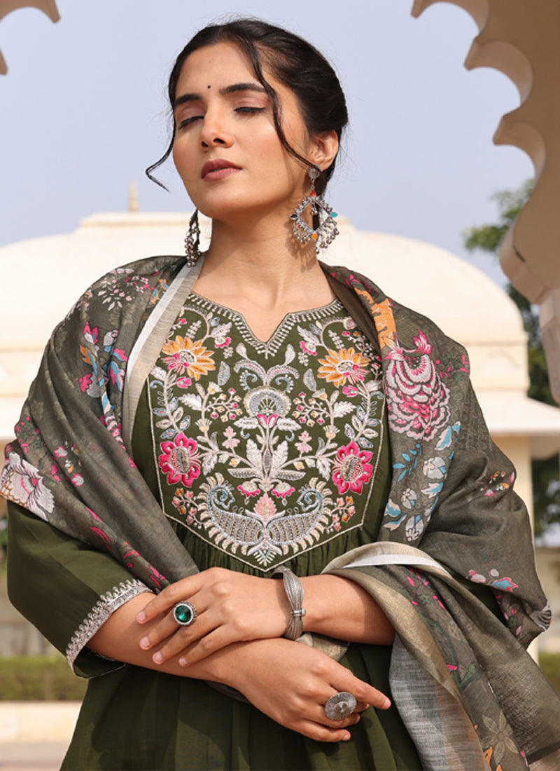 Prazu Fashion Mahendi Cotton Silk Thread Sequence Designer Salwar Suit