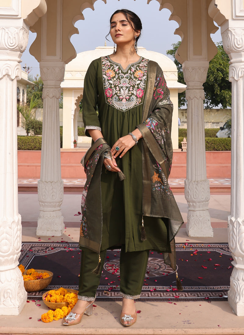 Prazu Fashion Mahendi Cotton Silk Thread Sequence Designer Salwar Suit
