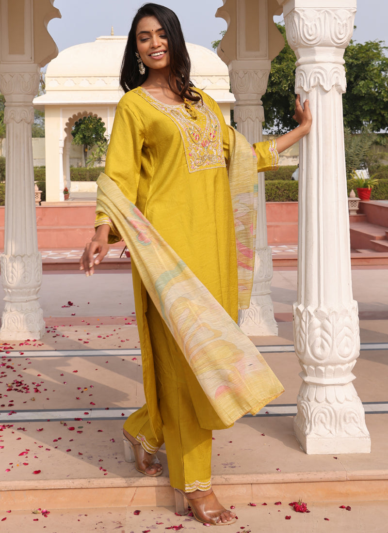 Prazu Fashion Yellow Cotton Silk Thread Sequence Designer Salwar Suit