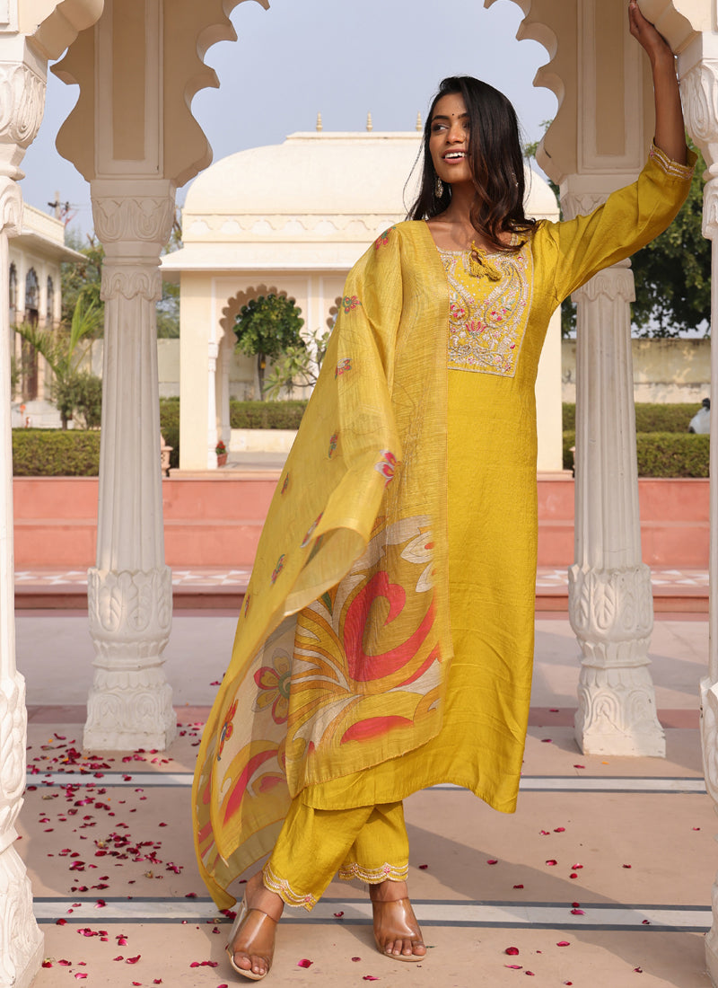 Prazu Fashion Yellow Cotton Silk Thread Sequence Designer Salwar Suit