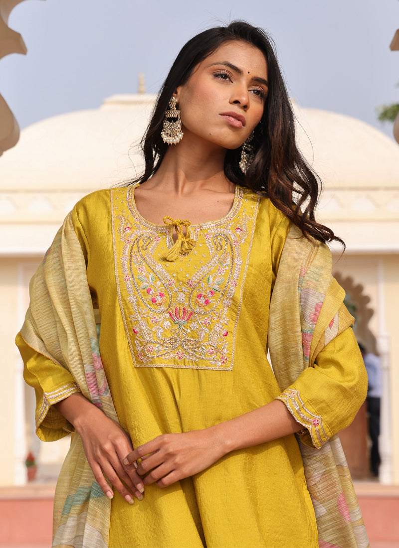 Prazu Fashion Yellow Cotton Silk Thread Sequence Designer Salwar Suit