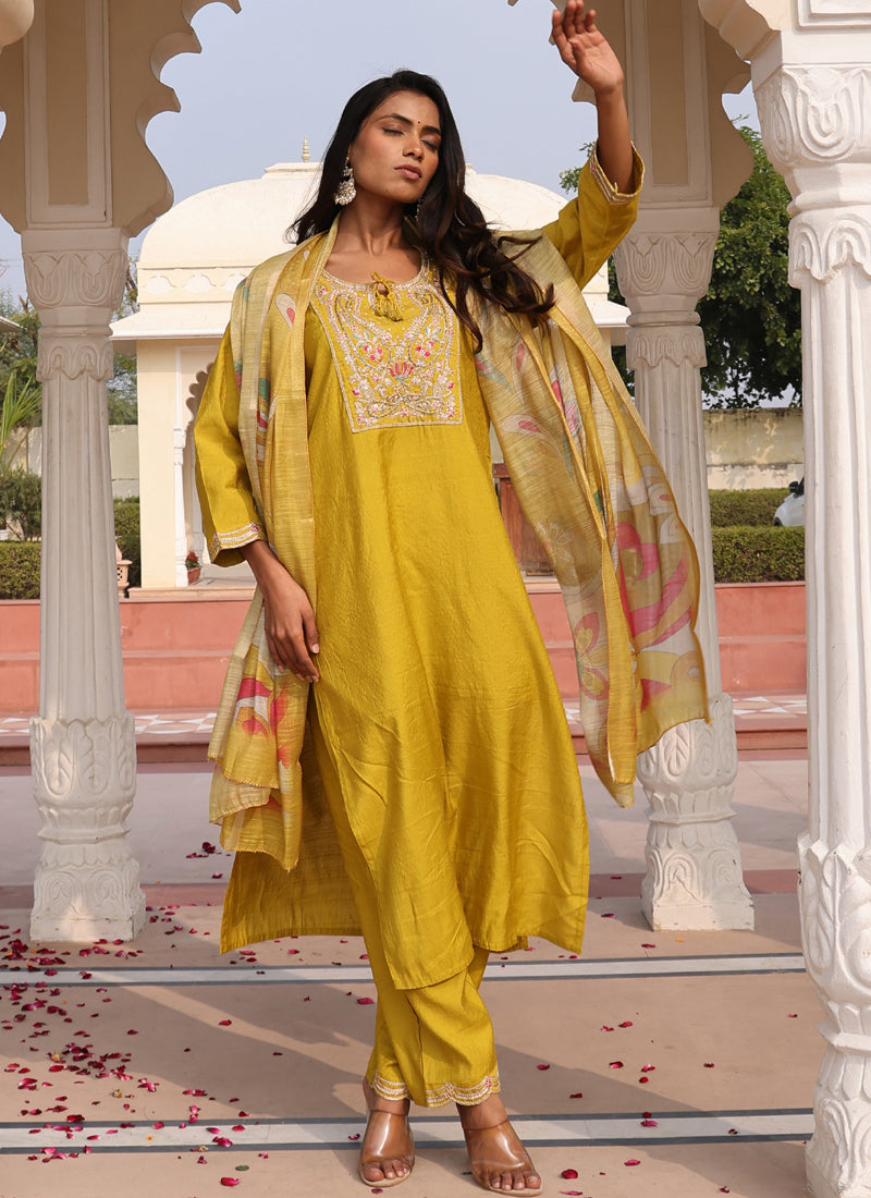 Prazu Fashion Yellow Cotton Silk Thread Sequence Designer Salwar Suit