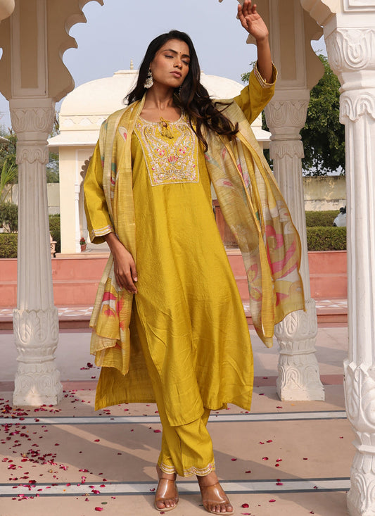 Prazu Fashion Yellow Cotton Silk Thread Sequence Designer Salwar Suit
