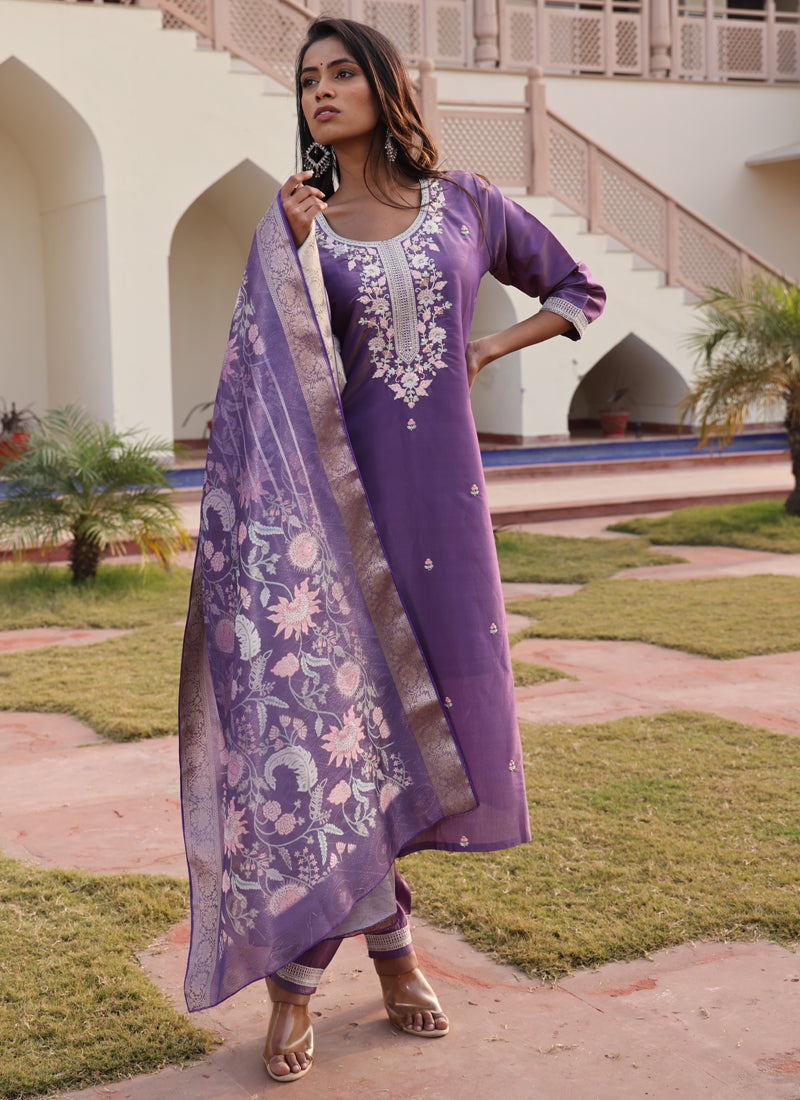 Prazu Fashion Lavender Shimmer Silk Thread Embroidered Salwar Suit