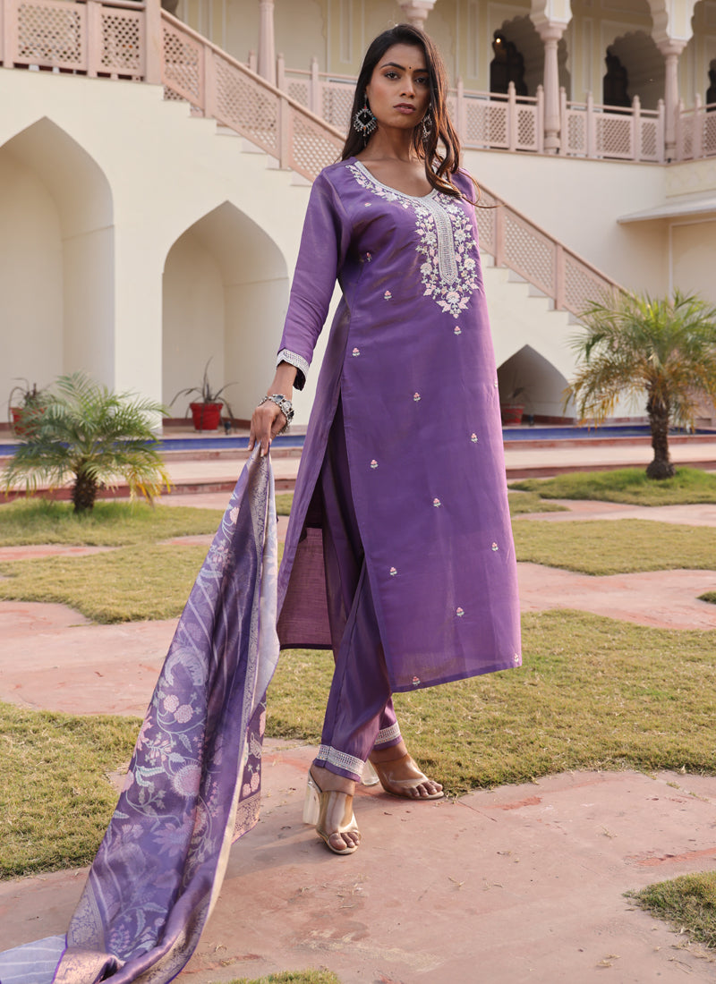 Prazu Fashion Lavender Shimmer Silk Thread Embroidered Salwar Suit