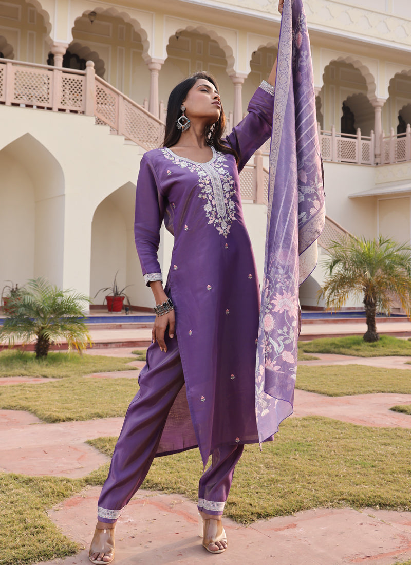 Prazu Fashion Lavender Shimmer Silk Thread Embroidered Salwar Suit