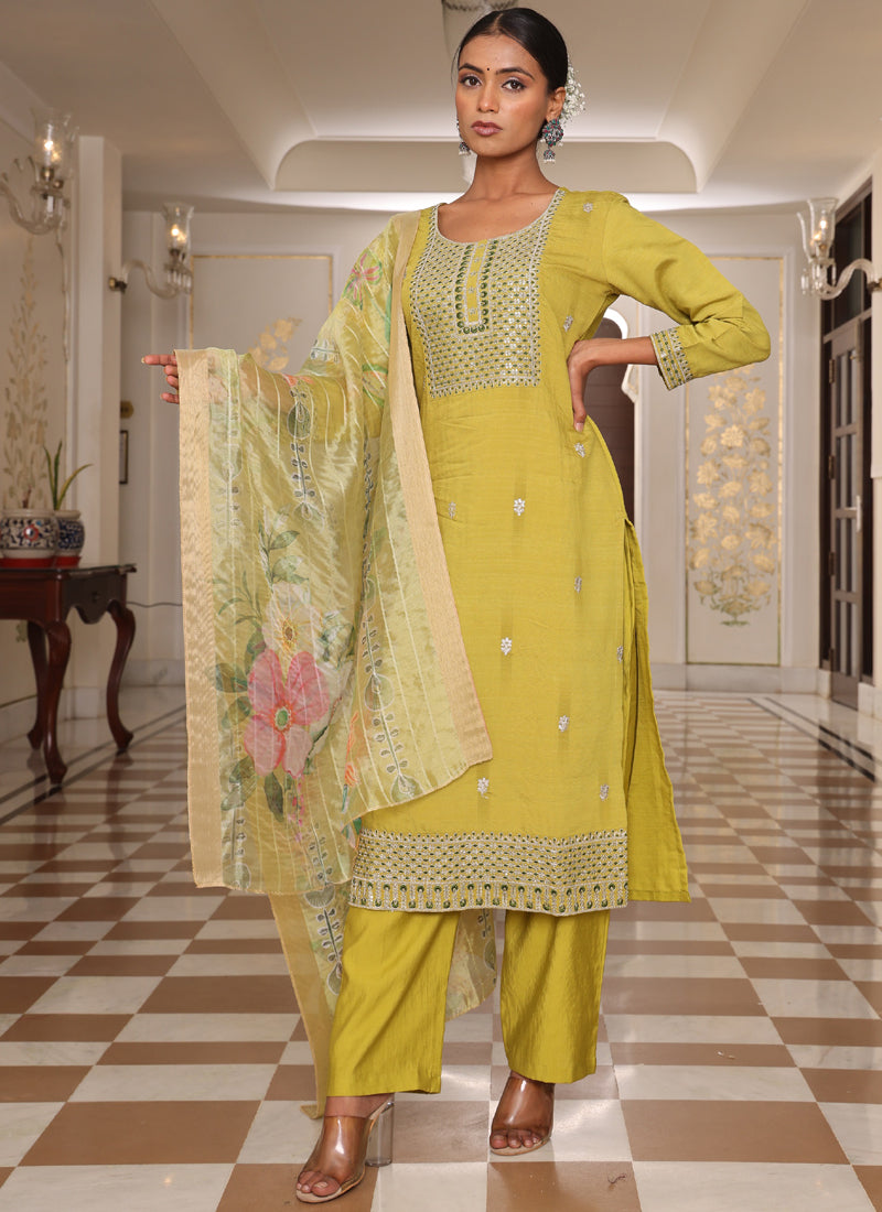 Prazu Fashion Yellow Cotton Silk Thread Sequence Designer Salwar Suit