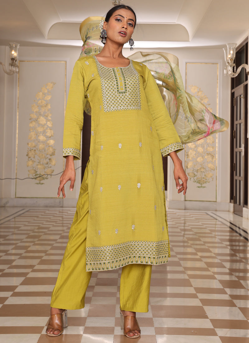 Prazu Fashion Yellow Cotton Silk Thread Sequence Designer Salwar Suit
