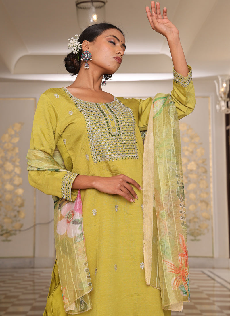 Prazu Fashion Yellow Cotton Silk Thread Sequence Designer Salwar Suit