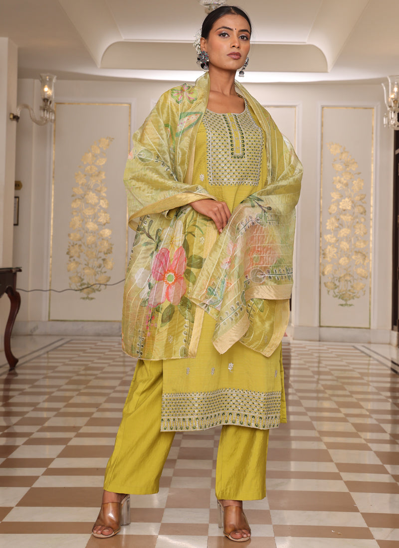 Prazu Fashion Yellow Cotton Silk Thread Sequence Designer Salwar Suit