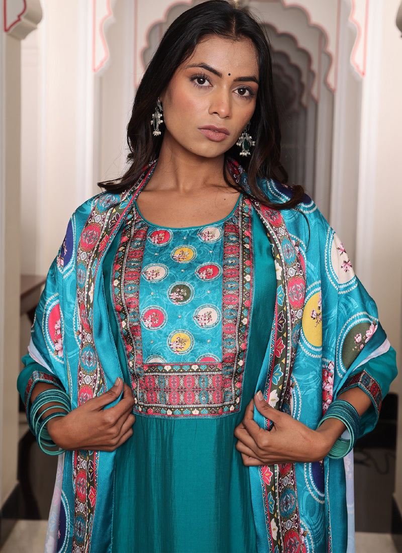 Prazu Fashion Teal Blue Viscose Shimmer Thread Embroidered Salwar Suit