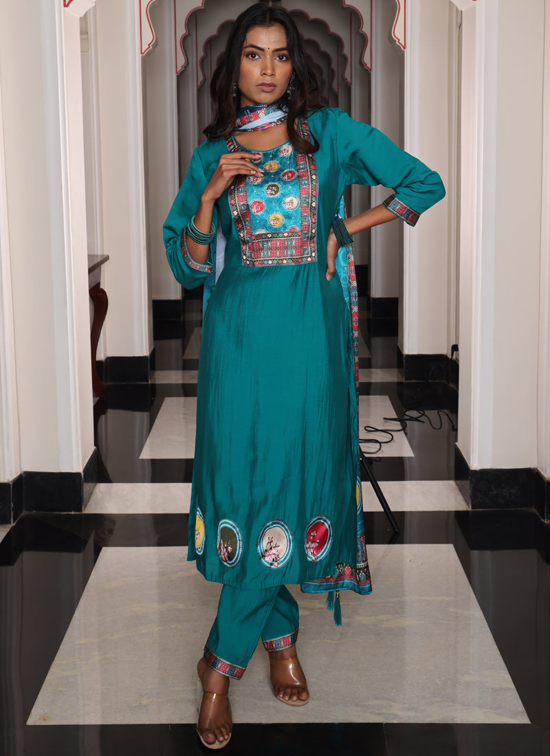 Prazu Fashion Teal Blue Viscose Shimmer Thread Embroidered Salwar Suit