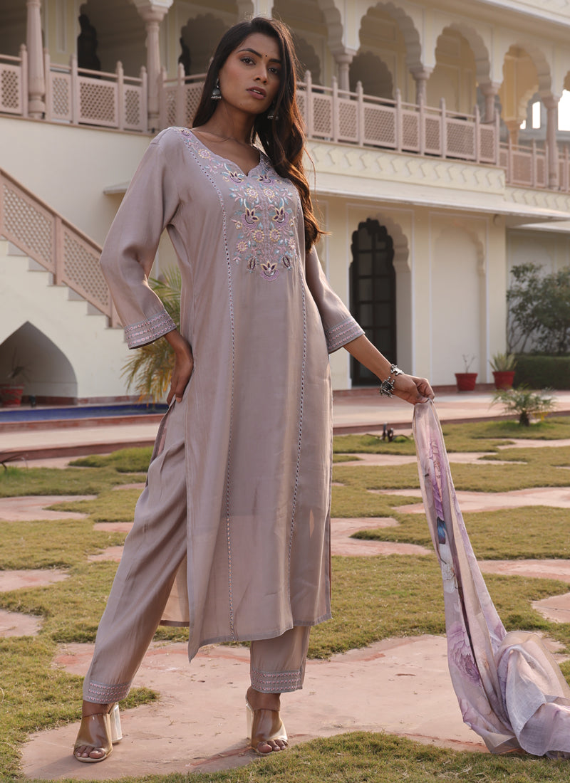 Prazu Fashion Beige Cotton Silk Thread Sequence Designer Salwar Suit