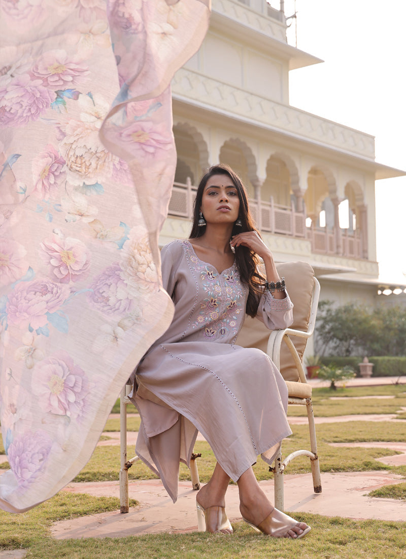 Prazu Fashion Beige Cotton Silk Thread Sequence Designer Salwar Suit