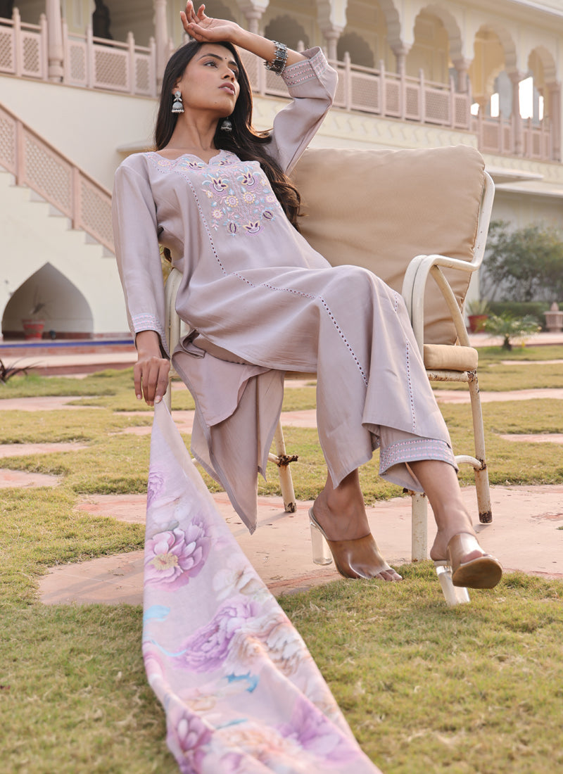 Prazu Fashion Beige Cotton Silk Thread Sequence Designer Salwar Suit